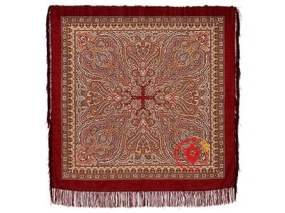 Павлопосадский шерстяной платок с шелковой бахромой «Лучезарный», рисунок 665-5