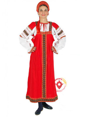 Русский народный костюм "Дуняша" женский хлопковый красный сарафан и блузка